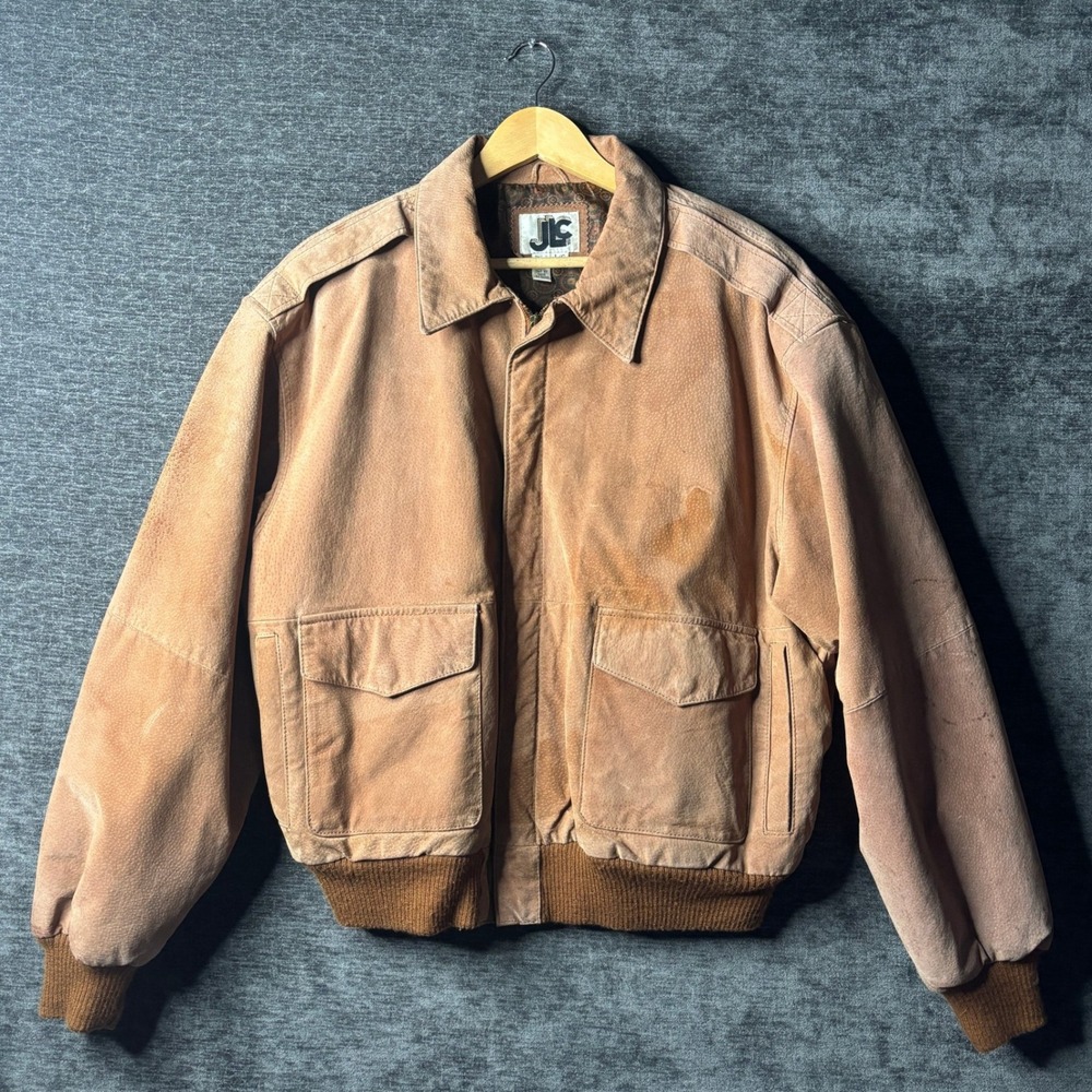 Vintage JLC Suede Leather Bomber Jacket Mens Large Brown Flight Coat Aviator